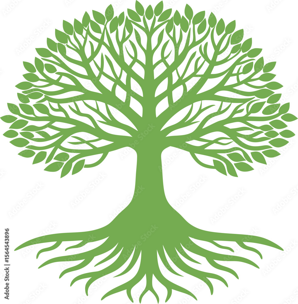 Fototapeta premium Green Tree of Life with Visible Roots and Branches Symbolic Nature Illustration new 2025 trendy