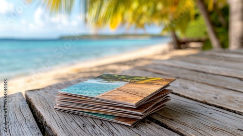 Brochures Stack Displaying Beach Landscapes On Wooden Planks Under Palm Trees Clear Turquoise Waters