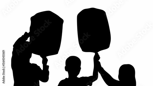 Silhouette of three children holding up rectangular objects against a white background in a simple style
