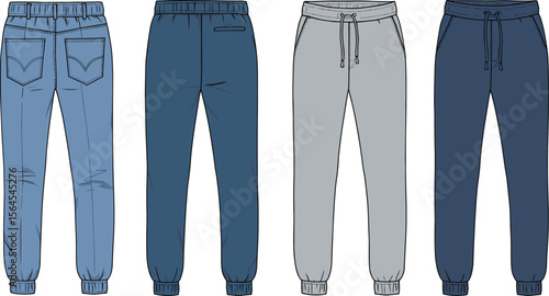 Back view jogger pants collection, casual sweatpants, denim design, drawstring waist, elastic hem, fashion illustration, stylish men’s wear flat vector illustration