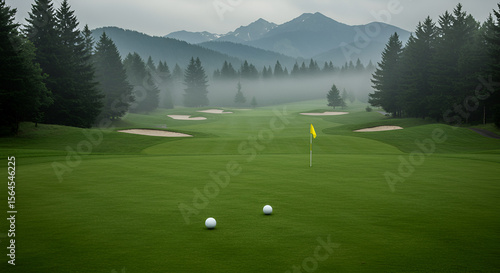 Misty golf course with mountains in the background (1)