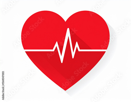 A minimalist flat design icon of a vibrant red heart with a white EKG line and subtle drop shadow, set against a clean white background. Ideal for medical or health themes.