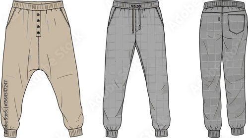 Men's joggers front back view, drawstring pants, buttoned fly, cuffed hem, modern fit, fashion flat sketch, neutral tones flat vector illustration