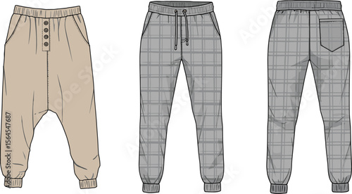 Flat sketch jogger pants, beige harem style, plaid drawstring trousers, men’s casual fashion, back pocket design, front view illustration flat vector illustration