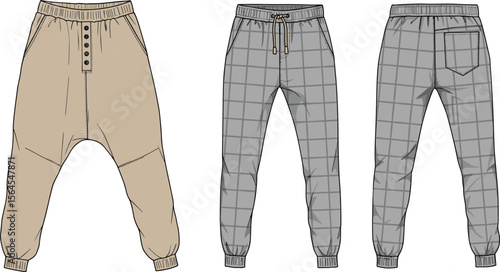  Men’s fashion jogger pants flat sketch, harem and plaid design, front and back view, casual wear, vector illustration, trendy look flat vector illustration