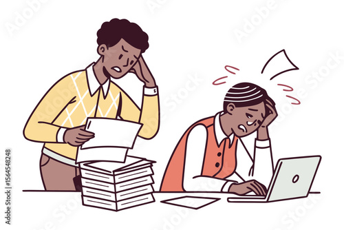 Two stressed individuals overwhelmed by work one with a large stack of papers and the other at a laptop both showing signs of extreme fatigue and frustration