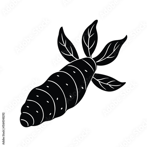 Stylized vector graphic of a taro root with leaves in silhouette