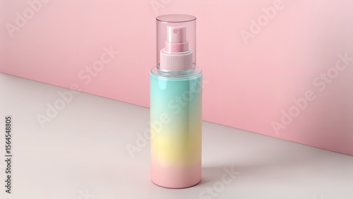 Colorful cosmetic spray bottle on pastel pink background