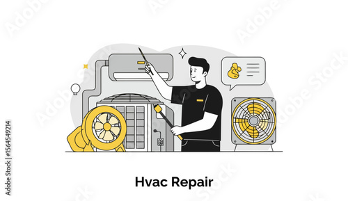 HVAC Technician inspecting HVAC unit in a workshop setting. Male technician examines the unit with tools. HVAC technician working on a unit in a professional HVAC repair shop -