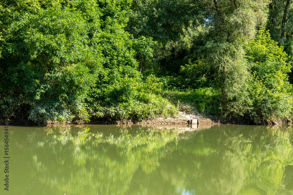 Simple fishing spot on the bank of the Bodrog river. Green trees and calm water with reflection on a sunny summer day. Simple fishing spot on the bank of the Bodrog river. Green trees and calm water with reflection on a sunny summer day.