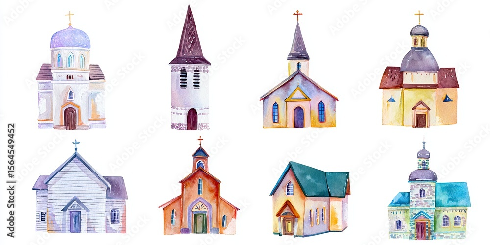 Obraz premium Collection of watercolor churches with cross symbols. Religious building set for Christian faith, holiday, and celebration design.