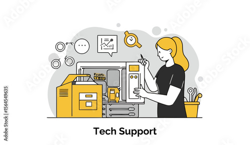 Young woman in casual wear, examining a kitchen appliance in a tech support role in an office setting.