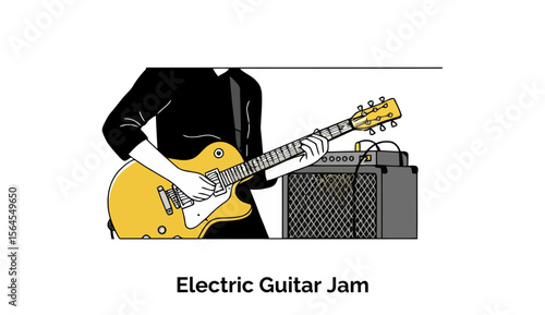 A person in casual black clothing plays an electric guitar in a musical performance setting. A musician with an electric guitar and amplifier is captured in a dynamic pose against a plain background.