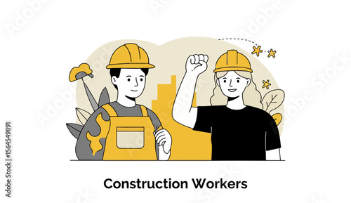 Construction workers, male and female, in safety helmets and work attire, standing with arms raised, in a construction site background.