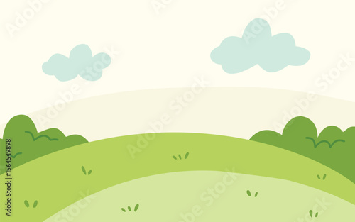 Gentle rolling green hills under a pale sky with fluffy clouds. A simple, idyllic landscape illustration.