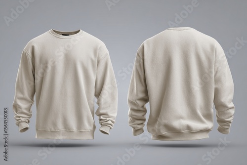 Front and back view of a plain off-white crew neck sweatshirt. High quality