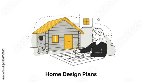 A female architect in casual business attire meticulously creating home design plans for a small cabin in a suburban area. Female architect working on blueprints at home.
