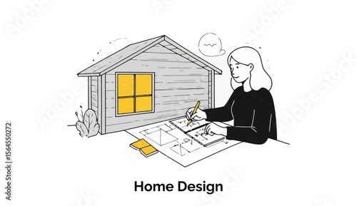 Female home designer working on house plans in an office setting. Focused on blueprints with a wooden cabin in the background.