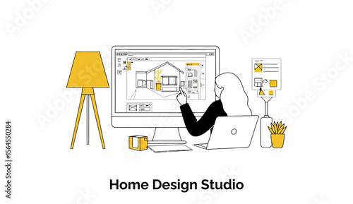 Female home designer interacting with home design software on a computer in a home office setting. Working on a home design project with architectural plans displayed on screen.