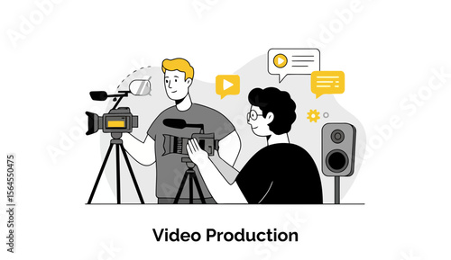 Two male video production professionals operating a video camera and audio equipment in a studio environment. Collaboration on a video project in a professional location.