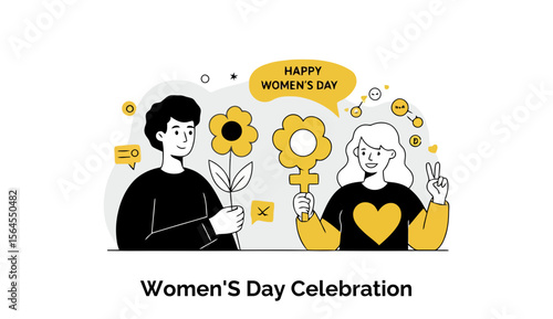 Young adults celebrating Women's Day with flowers and symbols of femininity in a lighthearted, modern illustration.