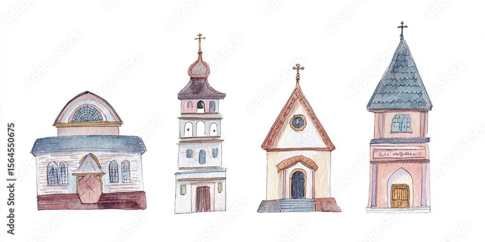 Obraz premium Watercolor illustrations of various church buildings with crosses. Religious architecture artwork for spiritual and historical themes.