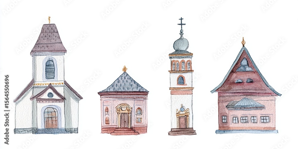 Naklejka premium Watercolor hand drawn collection of various historical religious buildings. Traditional architectural art for design element or greeting card.