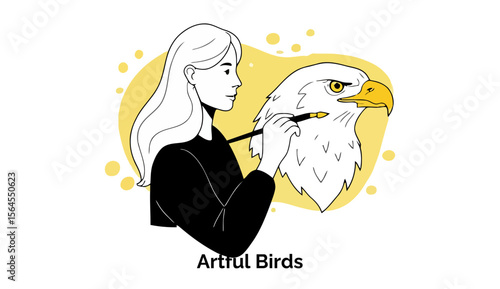 Female artist in black clothing painting an eagle's head, set against a soft yellow background. Creative artist working on a bird painting in a studio setting.
