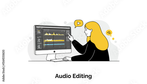 Female audio editor working at a computer, pointing to audio editing software on a monitor. Young woman in a home office setting, concentrating on audio editing task.