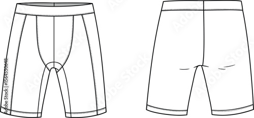Technical flat sketch of compression shorts, tight fit design, front and back view, activewear style, detailed garment construction lines.