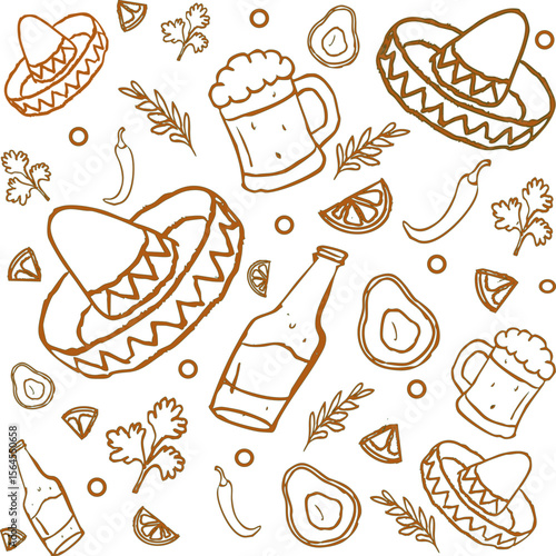 Mexican Fiesta Seamless Pattern – Sombrero, Beer, Avocado, Lime | Patrón Mexicano sin fondo