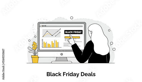 Female professional examining Black Friday deals on a computer screen in a modern office setting. A female business analyst reviewing sales data for Black Friday promotions in an office environment.