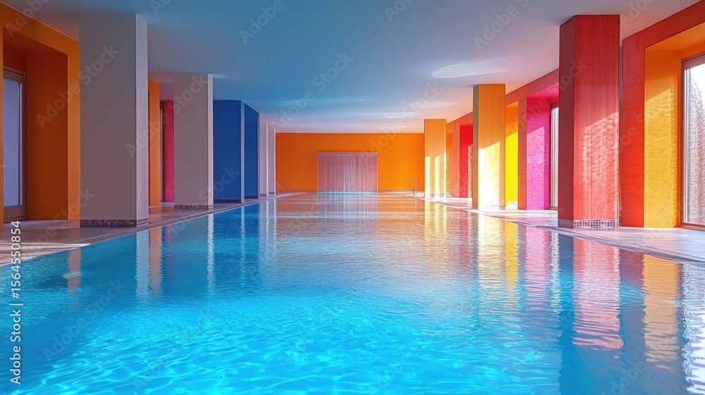 Fototapeta premium Indoor Swimming Pool with Turquoise Water and Colorful Orange and Pink Pillars in a Modern Architectural Design
