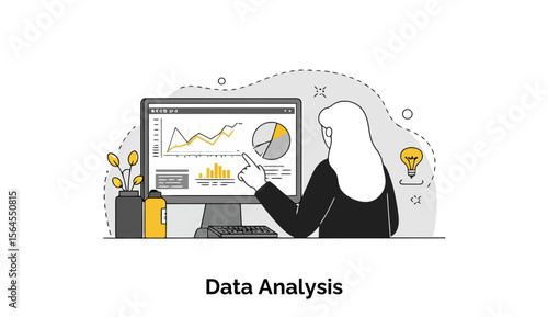 Female data analyst in business attire examining data on a computer screen in a modern office setting. Focused on charts and graphs, highlighting insights with a pointing finger.