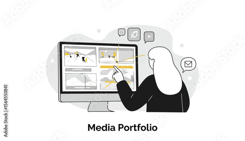 A Muslim woman in business attire examines a media portfolio on a computer screen, highlighting a specific project. Modern female professional reviewing digital media content at her office desk.