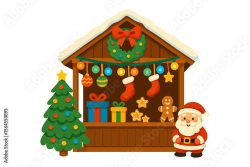 Festive Christmas Market Stall with Santa, Gifts, Christmas Tree, Gingerbread, Stockings, and Holiday Decorations for Winter Holidays and Celebrations.