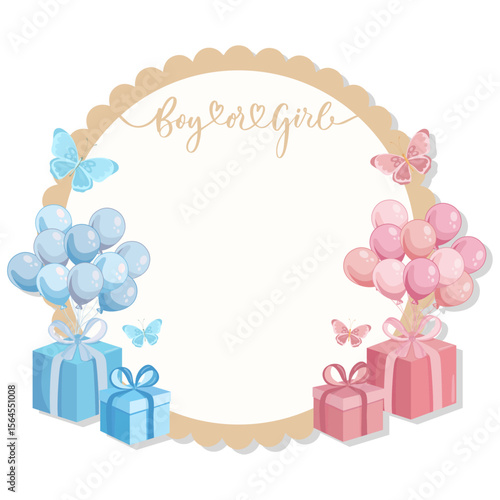 Cute gender reveal frame Blue and pink balloons presents Girl or boy