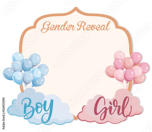 Gender reveal frame with pink and blue balloons clouds Boy or girl