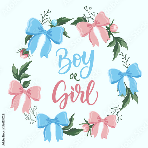 Cute gender reveal illustration Blue and pink bows Boy or girl