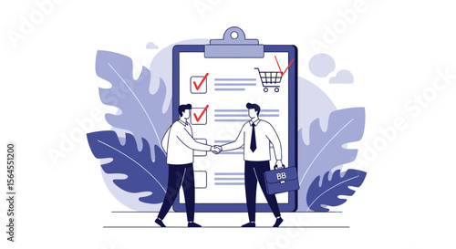 Two business people agreeing and shaking hands over a checklist document