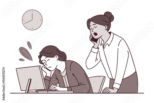 Overworked office employee sleeping at desk while colleague talks on phone clock shows time passing