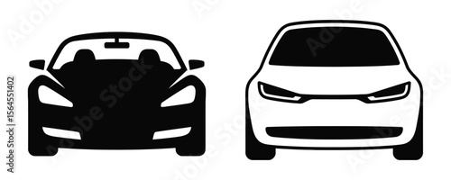 front view silhouette comparison of convertible sports car and modern sedan in minimalistic black and white vector illustration