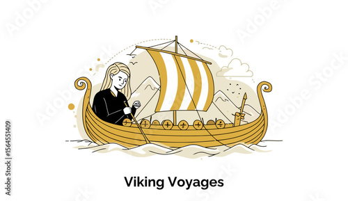 Female figure in historical Viking attire actively navigating a longship on water, featuring stylized mountains and clouds in the background. Historical illustration of Viking voyages.