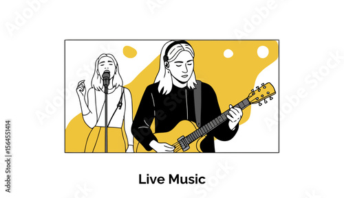 Female vocalist and guitarist performing live music on a stage with a yellow backdrop. Performing artists in a casual setting, with a focus on live music.