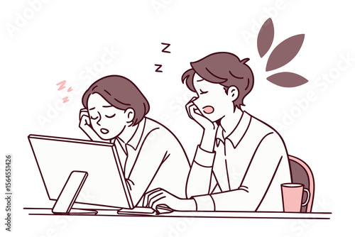 Two exhausted office workers struggling to stay awake at their desks while working on computers with a coffee mug nearby