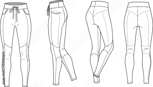 Technical flat sketch of women’s sport leggings with drawstring waist, side panels, back yoke, contour seams, activewear vector illustration