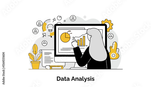 Female data analyst reviewing data on a computer screen in a modern office setting. Analyzing statistics with graphs and charts. Professional woman in a business setting. office.