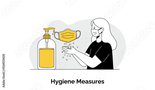 A young adult female wearing a face mask washes her hands with soap in a simple setting. Hygiene practices for a public place. Woman practicing good hygiene at home.