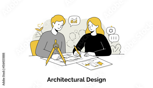 Young adults, male and female, in casual business attire, collaborating on architectural blueprints at a table in an office setting.