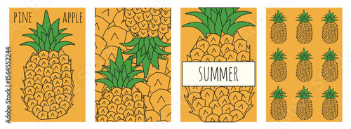 Abstract Summer poster cover set. Vector illustration of Summer tropical fruit background with simple sketch pineapple. Perfect Summer postcard poster postage stamp collection. EPS 10